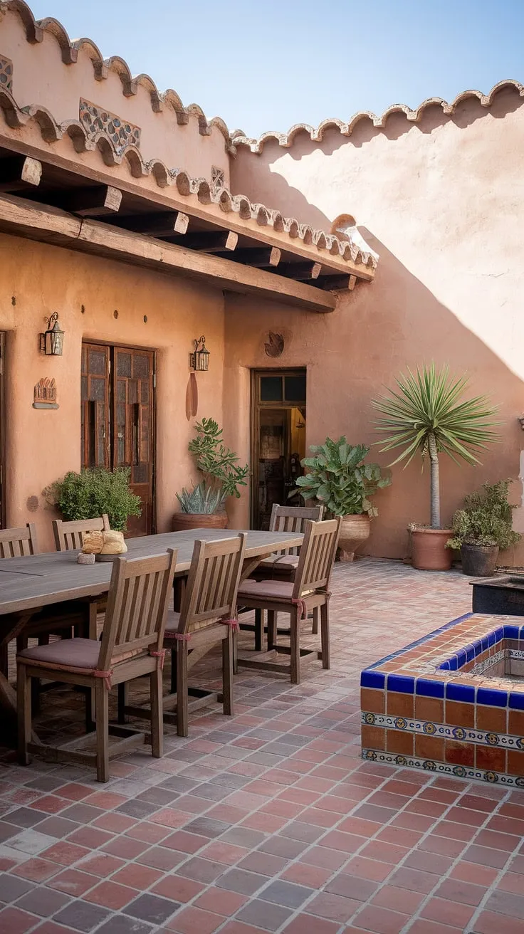 Step into a world of warmth and charm on this breathtaking Mexican patio.  The long wooden table beckons for gatherings, while the red brick floor and tile fire pit add a touch of rustic elegance to this hacienda style patio.  This outdoor space is a masterclass in Mexican living room ideas, showcasing the beauty of Spanish style and offering endless inspiration for your own patio mexicano.  Note the stunning Mexican doors and consider the possibilities for your own Mexican garden ideas and outdoor mosaic ideas, transforming your home exterior into a true Mexican home.