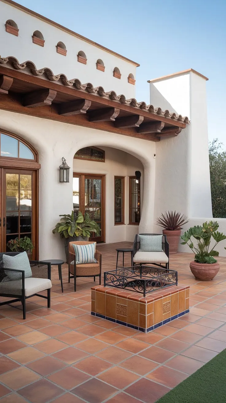 Imagine relaxing in this tranquil patio mexicano, a true hacienda style patio. The  Spanish style architecture,  tile fire pit, and meticulously designed Mexican patio create an idyllic setting.  This outdoor Mexican restaurant's ambiance is enhanced by the beautiful Mexican home exterior and offers a wealth of ideas for your own Mexican living room ideas and Mexican garden ideas.  The outdoor mosaic ideas are simply captivating.