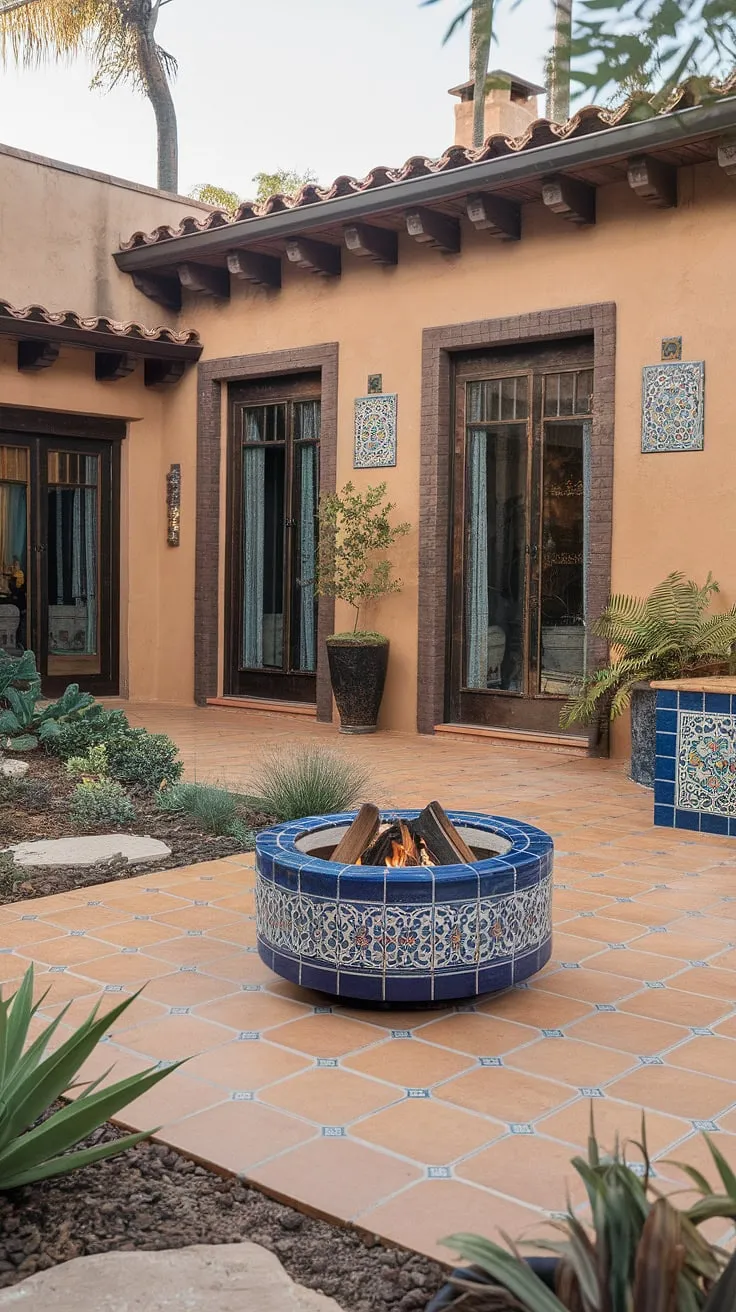 Escape to this hacienda-style patio, a true oasis of calm.  The Spanish style architecture, vibrant Mexican garden ideas, and inviting tile fire pit create the perfect ambiance for a relaxing evening.  Mexican doors lead to a charming interior, brimming with Mexican living room ideas. This outdoor Mexican restaurant setting is pure magic.