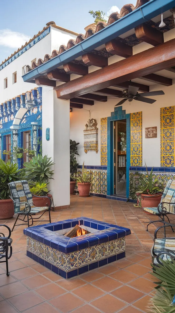Escape to this hacienda-style patio, a vibrant blend of Spanish and Mexican design.  The tile fire pit beckons for cozy evenings, while the blue and yellow patterned walls, reminiscent of a Mexican home exterior, create a cheerful atmosphere perfect for outdoor Mexican restaurant vibes.  This patio mexicano offers endless inspiration for Mexican living room ideas and Mexican garden ideas, showcasing stunning outdoor mosaic ideas and charming Mexican doors.