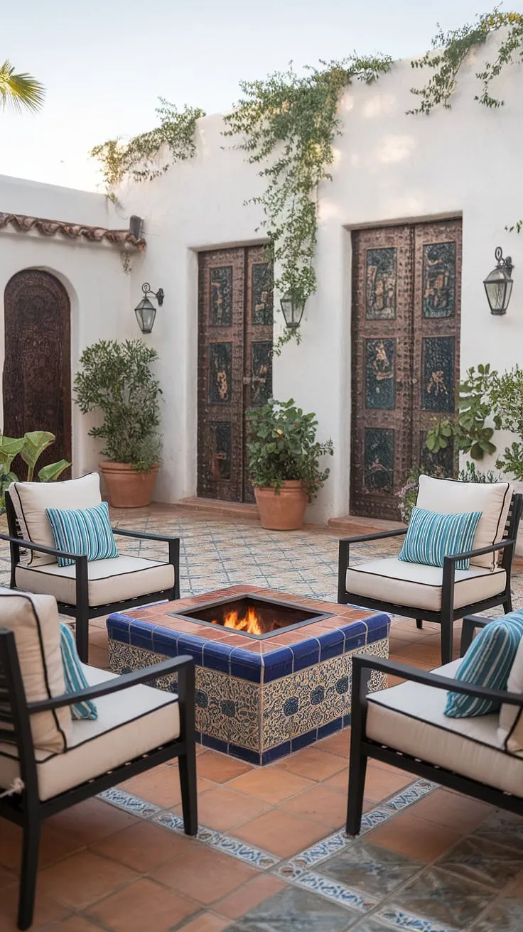 Escape to this hacienda-style patio, a true oasis of calm.  The intricate Mexican doors, tile fire pit, and vibrant plants create a magical atmosphere perfect for al fresco dining, embodying the best of Mexican living room ideas and outdoor mosaic ideas. This patio mexicano is the heart of any outdoor Mexican restaurant, showcasing stunning Mexican home exterior design.
