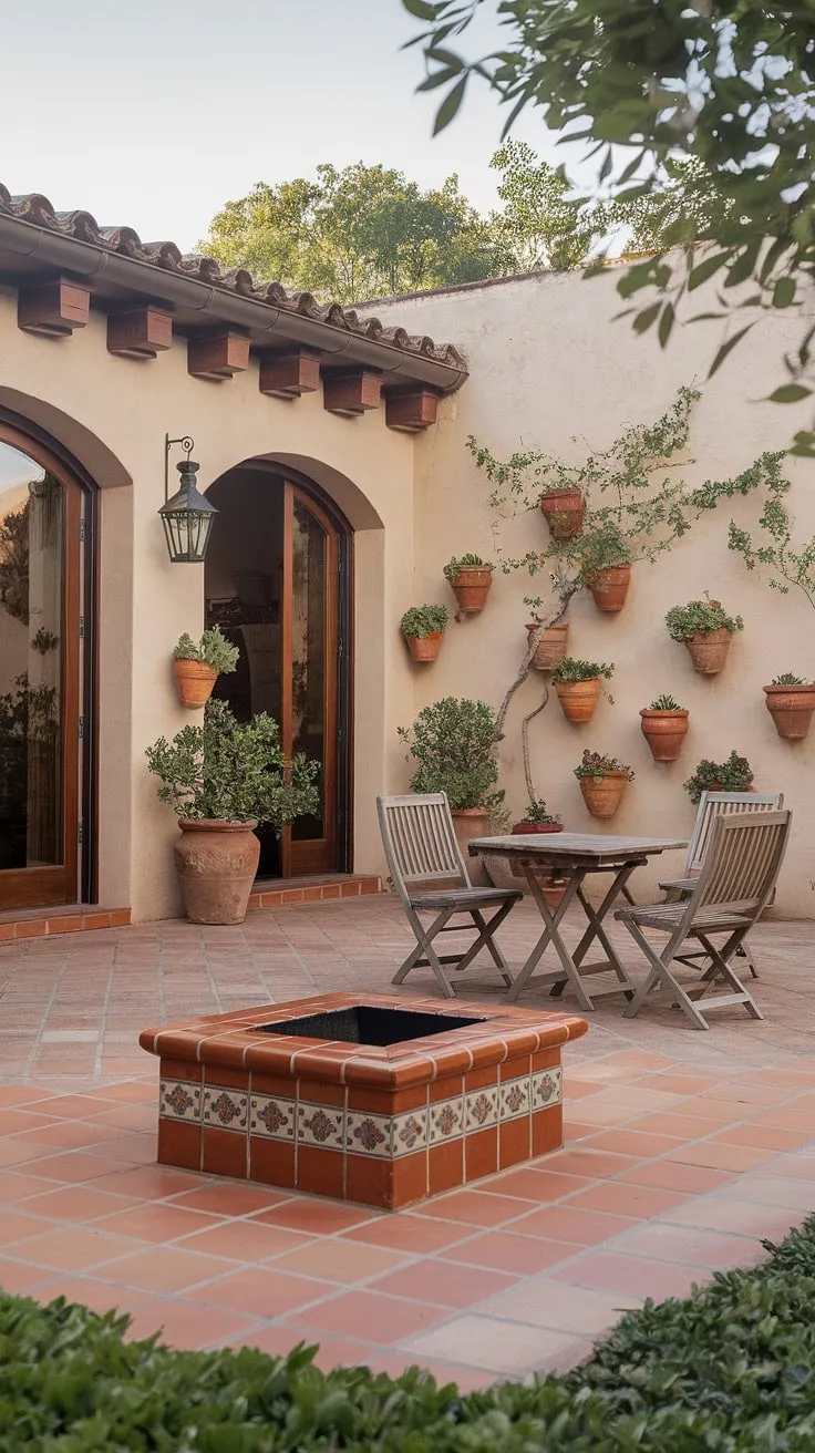 Escape to paradise in this hacienda-style patio, a perfect blend of Spanish style and Mexican charm.  The outdoor mosaic ideas in the tile fire pit complement the lush Mexican garden ideas, creating the ideal setting for an unforgettable evening at this outdoor Mexican restaurant.  Note the beautiful Mexican doors and consider this inspiration for your own Mexican living room ideas or patio mexicano.
