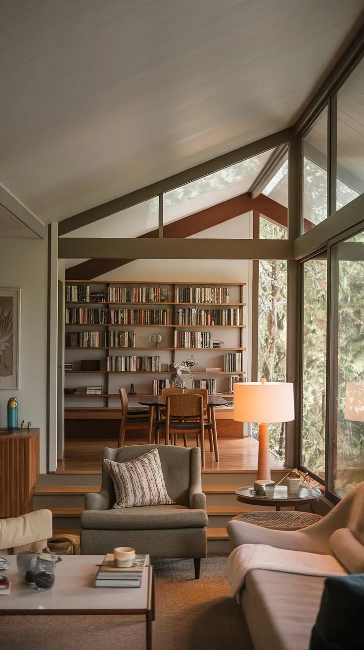 Sunlight streams through expansive windows, illuminating the seamless flow between living room, dining area, and library in this mid-century modern masterpiece. The muted palette and clean lines create a tranquil atmosphere, while the abundant natural light and connection to the outdoors foster a sense of calm and serenity. A testament to timeless design.