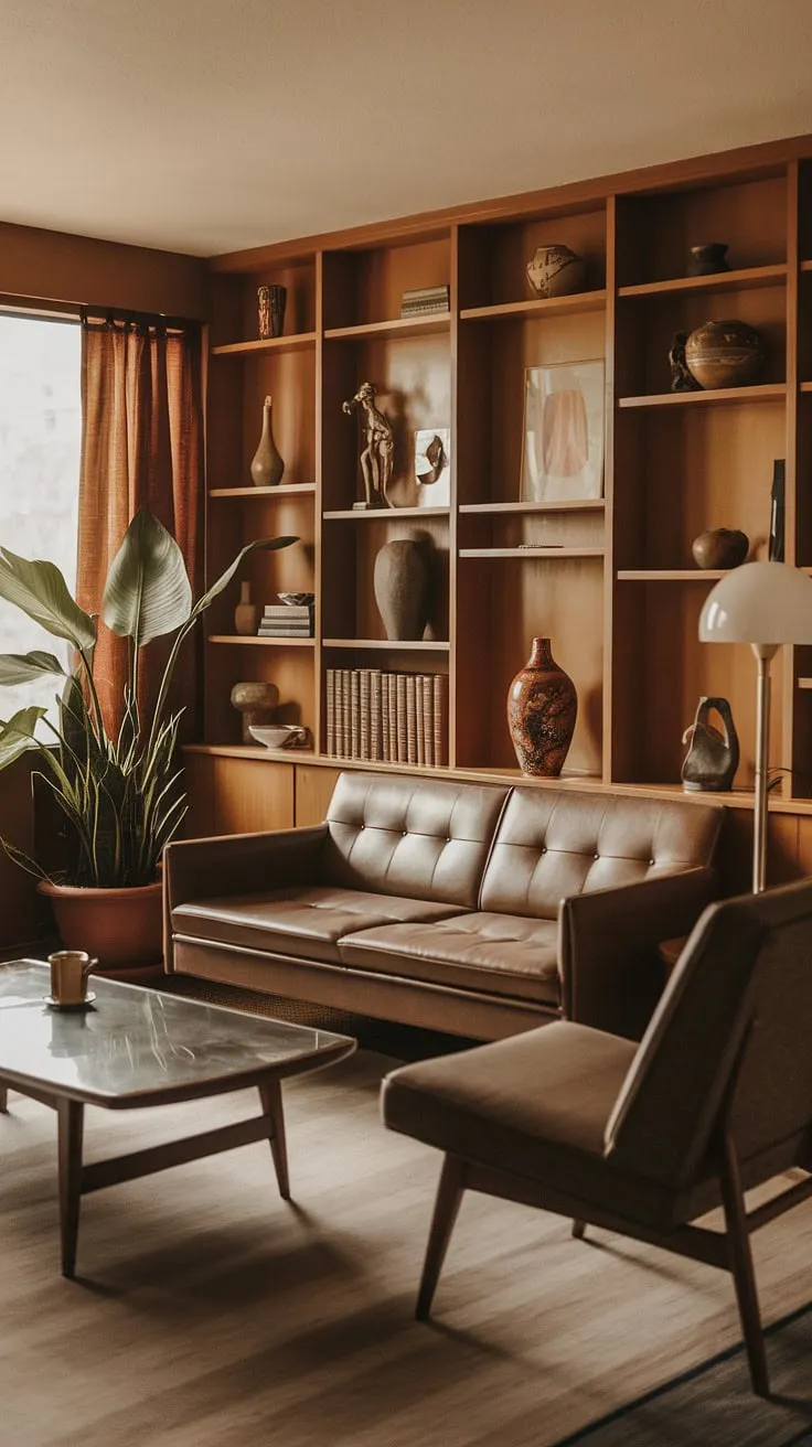 Warm wood tones and the gentle glow of a lamp create a haven of tranquility. This mid-century modern living room, with its carefully curated collection of plants and art, is a sanctuary where memories are made and cherished. A space designed for connection and contemplation.