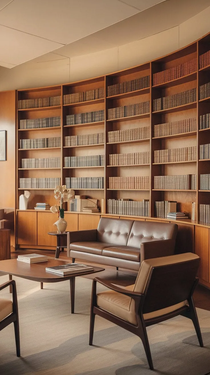 Lost in the pages of a mid-century dream. The warm glow of the setting sun illuminates the curved bookshelf, a testament to the enduring power of stories and the comforting embrace of home. This space, filled with cherished volumes and comfortable seating, is a sanctuary where imagination takes flight. A haven for quiet contemplation and literary adventures.