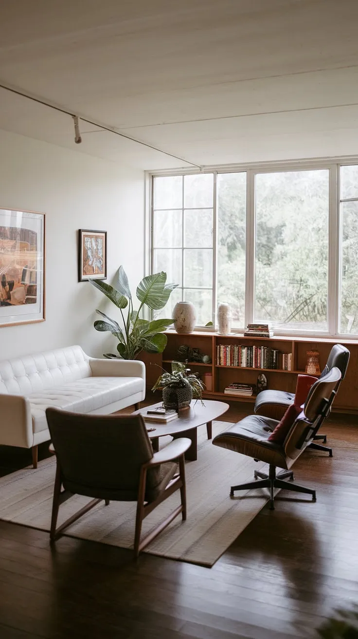 Sunlight streams through the expansive windows, illuminating the clean lines and organic forms of this mid-century modern living room. The Eames House-inspired design, with its white sofa and dark wood floors, creates a serene atmosphere, perfectly complemented by the greenery visible beyond the glass. A carefully curated collection of artwork and books adds personality and warmth to the space. This is where comfort meets timeless style.