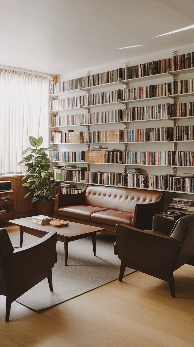 This mid-century modern living room seamlessly blends functionality and style. The built-in bookshelves, overflowing with stories waiting to be discovered, are a testament to the homeowner's love of literature. The carefully chosen furniture and the calming presence of a potted plant complete this inviting and aesthetically pleasing haven.