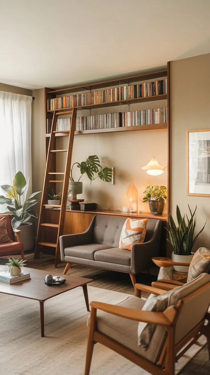 Mid-century modern living at its finest. The warm beige walls, comfortable seating, and built-in library nook, complete with a charming wooden ladder for reaching those hard-to-reach books, create a space that's both stylish and inviting. A perfect blend of form and function.