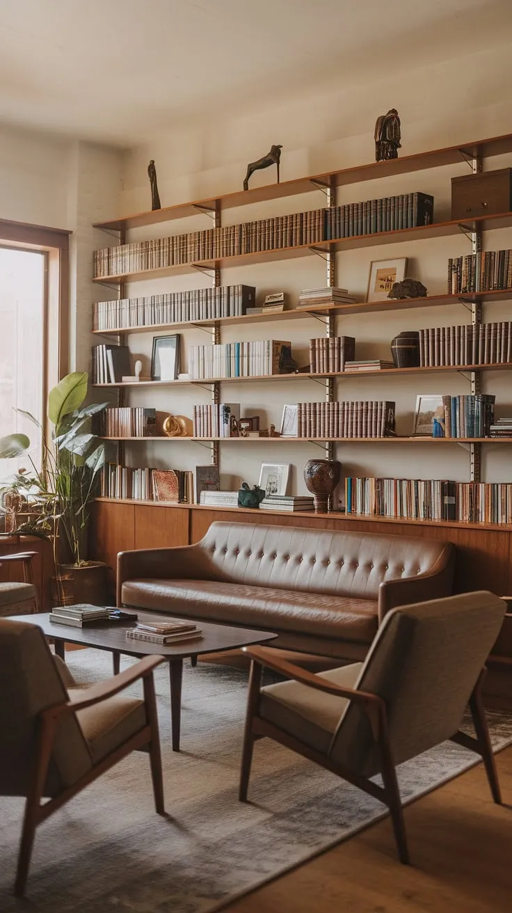 This mid-century modern living room is a sanctuary of style and comfort. The rich wood tones, the carefully chosen books, and the thoughtfully placed accessories create a space that feels both sophisticated and welcoming. A quiet evening spent here would be pure bliss.