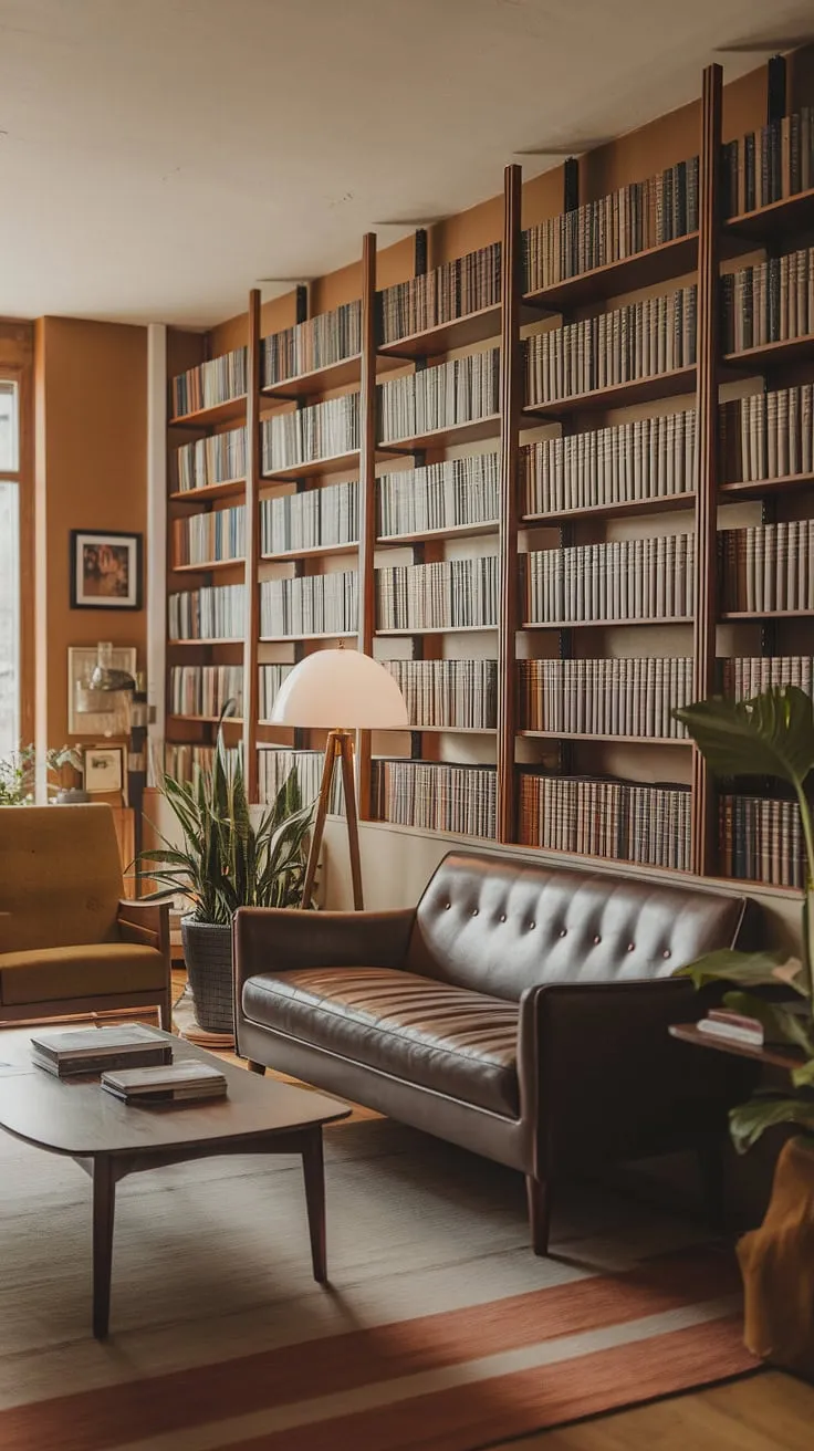 Lost in the pages of a mid-century dream. The warm glow of the lamplight dances across the spines, illuminating a haven of comfort and countless stories waiting to be discovered. A perfect blend of style and substance, this living room is a testament to the enduring appeal of classic design. A sanctuary for the soul, a space for quiet contemplation, and a library brimming with untold adventures.