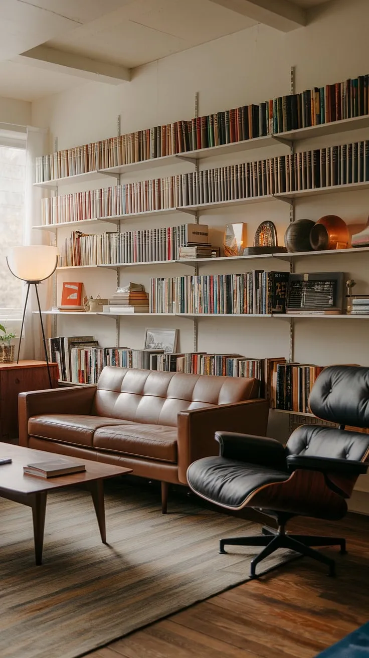 Lost in the pages of a mid-century dream. The warm glow of the floor lamp illuminates a curated collection of stories, nestled amongst iconic Eames design, creating a haven of comfort and timeless style. A perfect blend of retro inspiration and modern living.