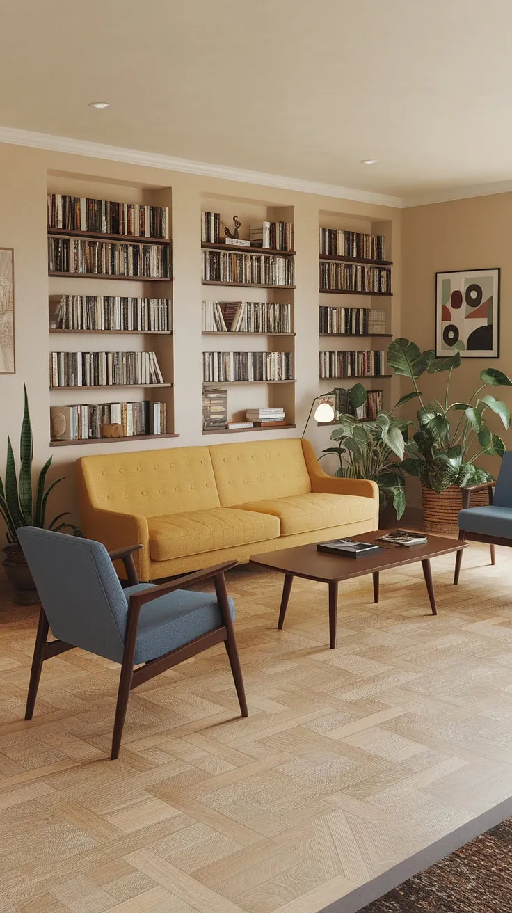 Bathed in sunlight, this mid-century modern living room exudes a calm sophistication. The cheerful yellow sofa, complemented by the built-in bookshelves brimming with stories, creates a space perfect for quiet contemplation or lively conversation. A simple elegance pervades the room, a testament to the enduring appeal of classic design.