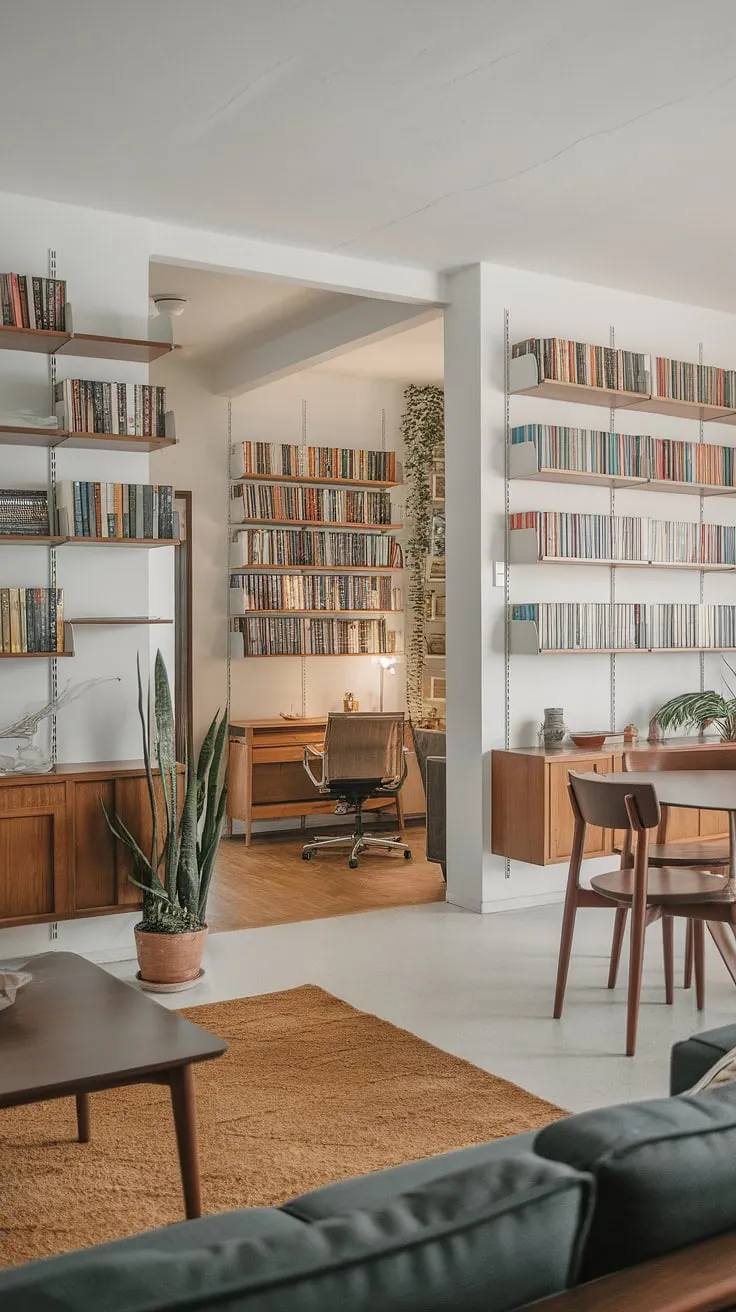 This mid-century modern apartment is more than just a living space; it's a sanctuary. From the inviting living room to the elegant dining area and the inspiring home library overflowing with books, every detail speaks to a life well-lived. The clean lines, natural light, and carefully curated collection of books create a space that is both stylish and deeply personal. A testament to timeless design.