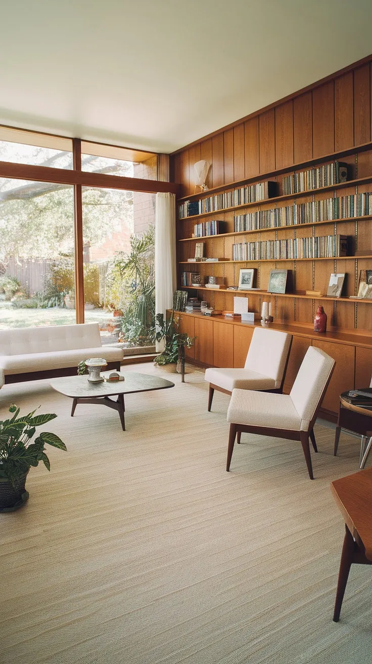 This mid-century modern home effortlessly blends comfort and elegance. The open-plan living area flows seamlessly into a warm and inviting library, its wood-paneled walls lined with countless stories waiting to be rediscovered. A tranquil oasis where the beauty of the garden meets the warmth of home.