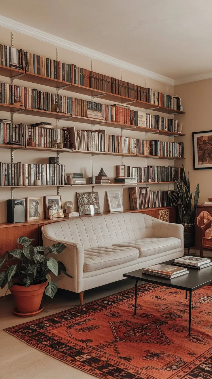 Lost in the pages of a mid-century dream. The soft beige walls, the plush white sofa, and the towering bookshelves filled with untold stories create a haven of quiet contemplation. A perfect space to unwind and lose yourself in a good book, surrounded by the comforting weight of history and the promise of new adventures. This is where memories are made, and stories unfold.
