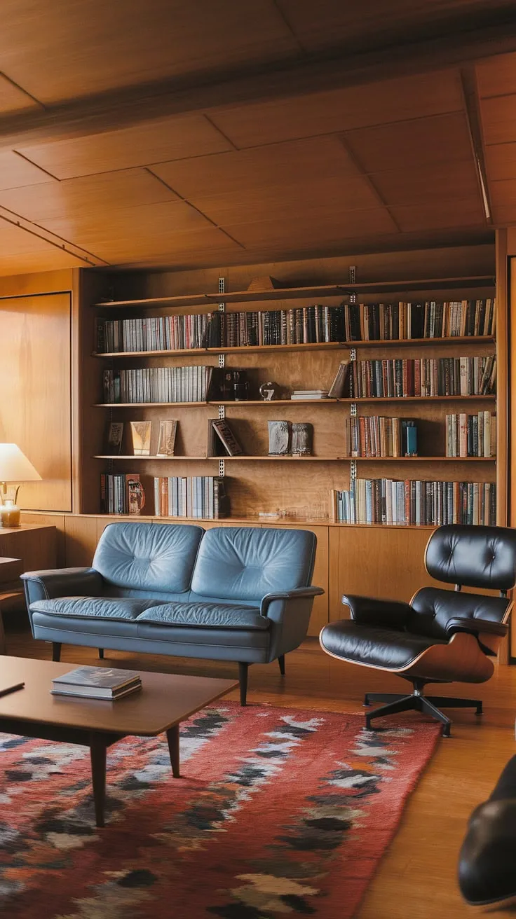 Warm light spills across the richly toned wood paneling, illuminating a curated collection of mid-century modern design. The iconic Eames sofa and lounge chair, nestled amongst overflowing bookshelves, create a haven of sophisticated comfort and timeless style. A perfect blend of form and function, this space whispers stories of quiet contemplation and inspired living.