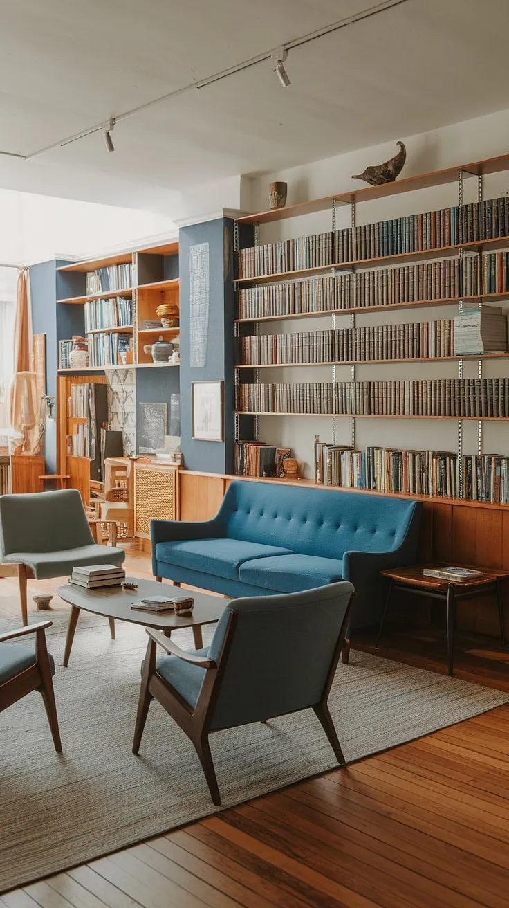 This mid-century modern living room is more than just a space; it's a curated experience. The carefully chosen furniture, the warm glow of the natural light, and the impressive library wall-a testament to a life well-read-all contribute to an atmosphere of sophisticated comfort. A truly inspiring room, designed for both comfort and contemplation.