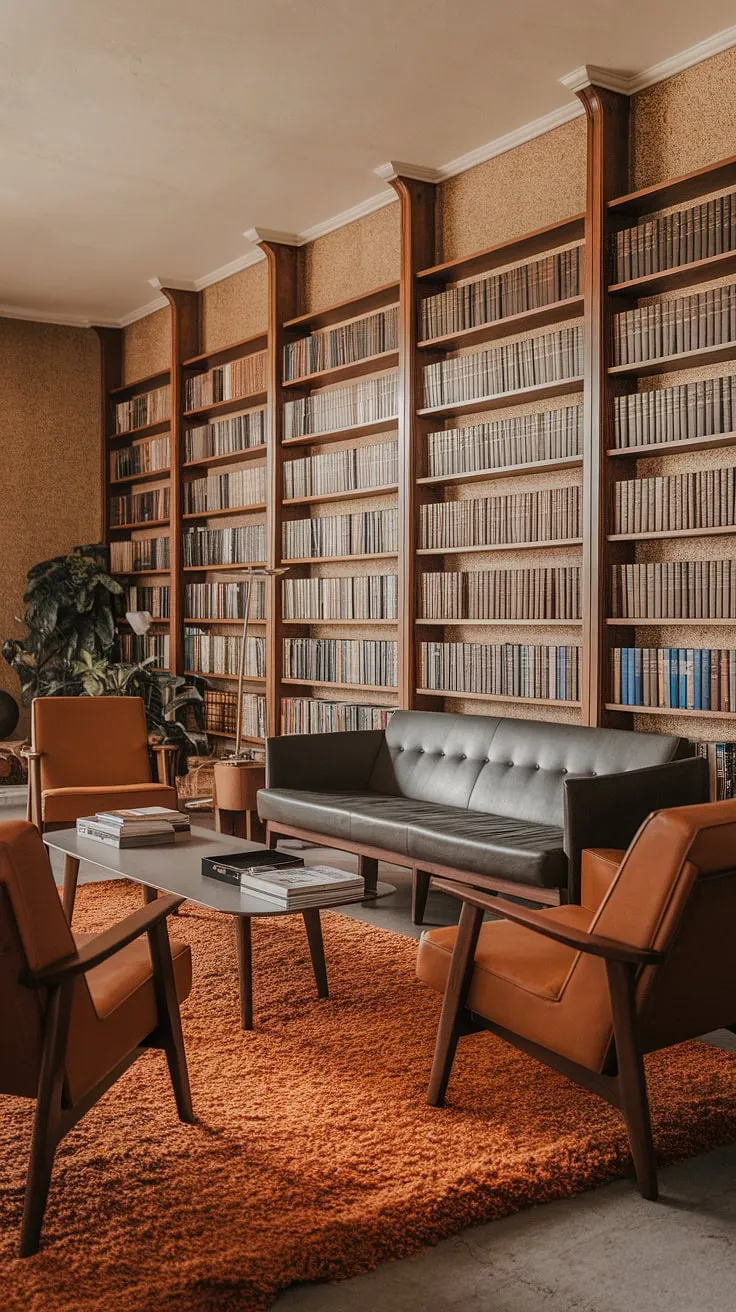 Sun-drenched afternoons and captivating stories. This mid-century modern living room, with its floor-to-ceiling bookshelves brimming with literary treasures, is a haven for quiet contemplation and intellectual adventures. The warm orange rug and comfortable seating create a space perfect for losing yourself in a good book, a quiet conversation, or simply enjoying the ambiance. A true sanctuary.
