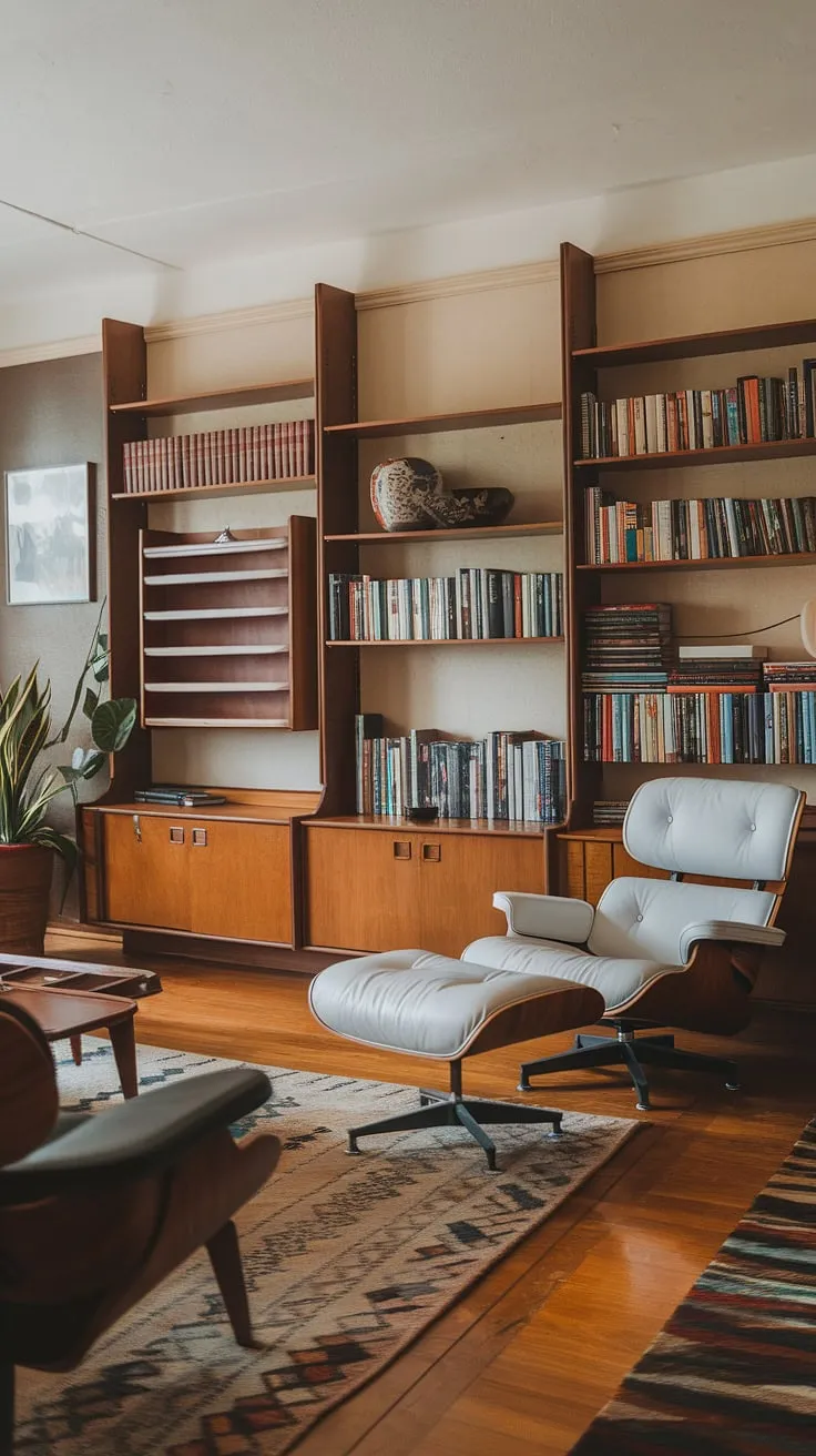 Mid-century modern dreams: The Eames chair, a curated library, and the warm glow of natural light create a haven of sophisticated comfort. A perfect blend of form and function, this space effortlessly balances style and tranquility. A testament to timeless design.