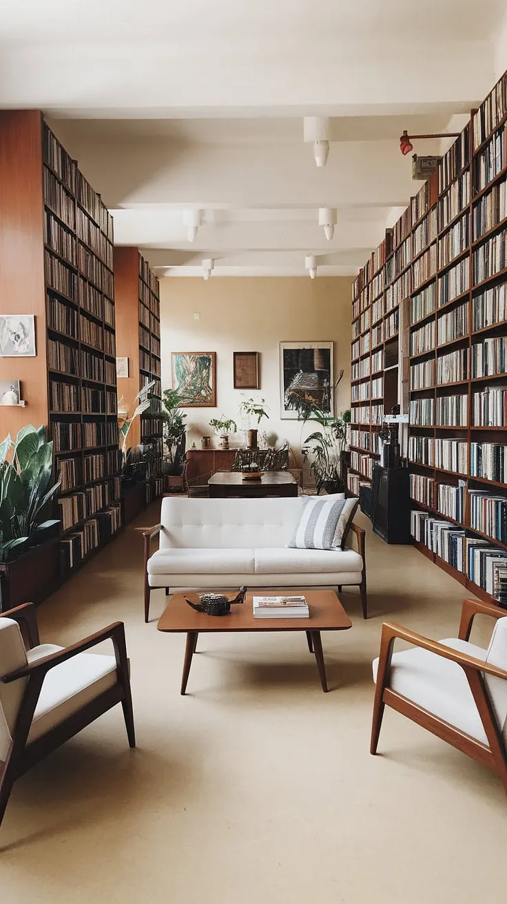 Step into a sanctuary of mid-century modern design. The warm beige floors, sun-drenched space, and towering bookshelves filled with literary treasures create an atmosphere of calm sophistication. A haven for quiet contemplation and inspired creativity, this living room seamlessly blends comfort and intellectual curiosity. A perfect blend of form and function.