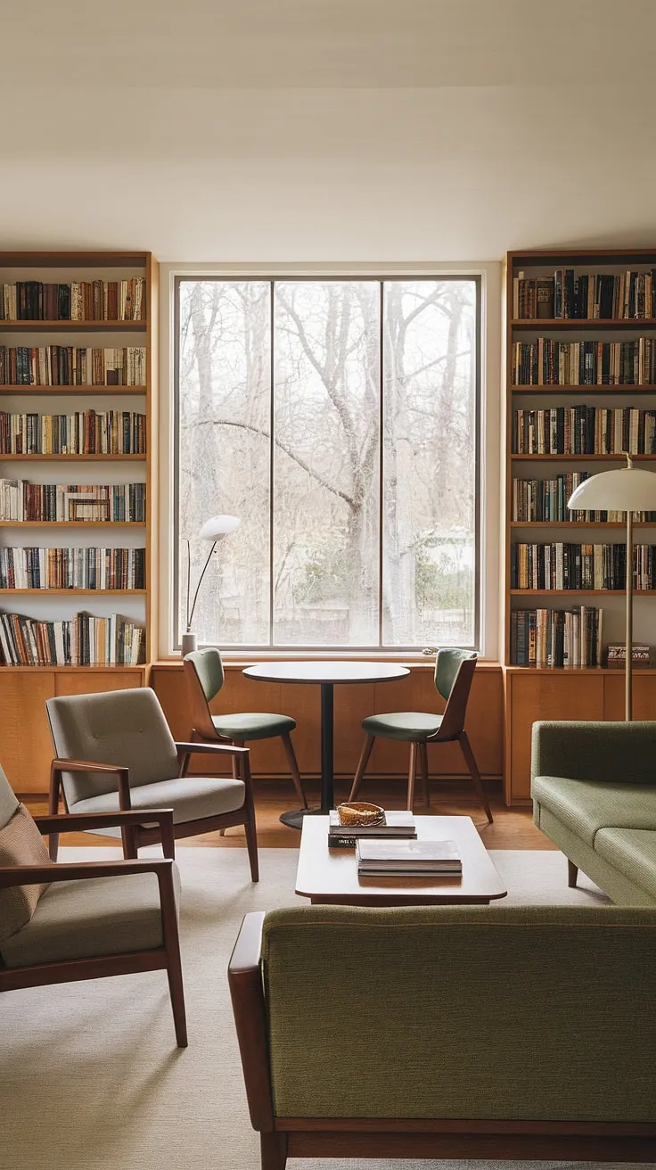 Sunlight streams through the window, illuminating a space designed for comfort and connection. This mid-century modern living room, complete with a cozy library nook, offers the ideal setting for a relaxation and quiet reading.
