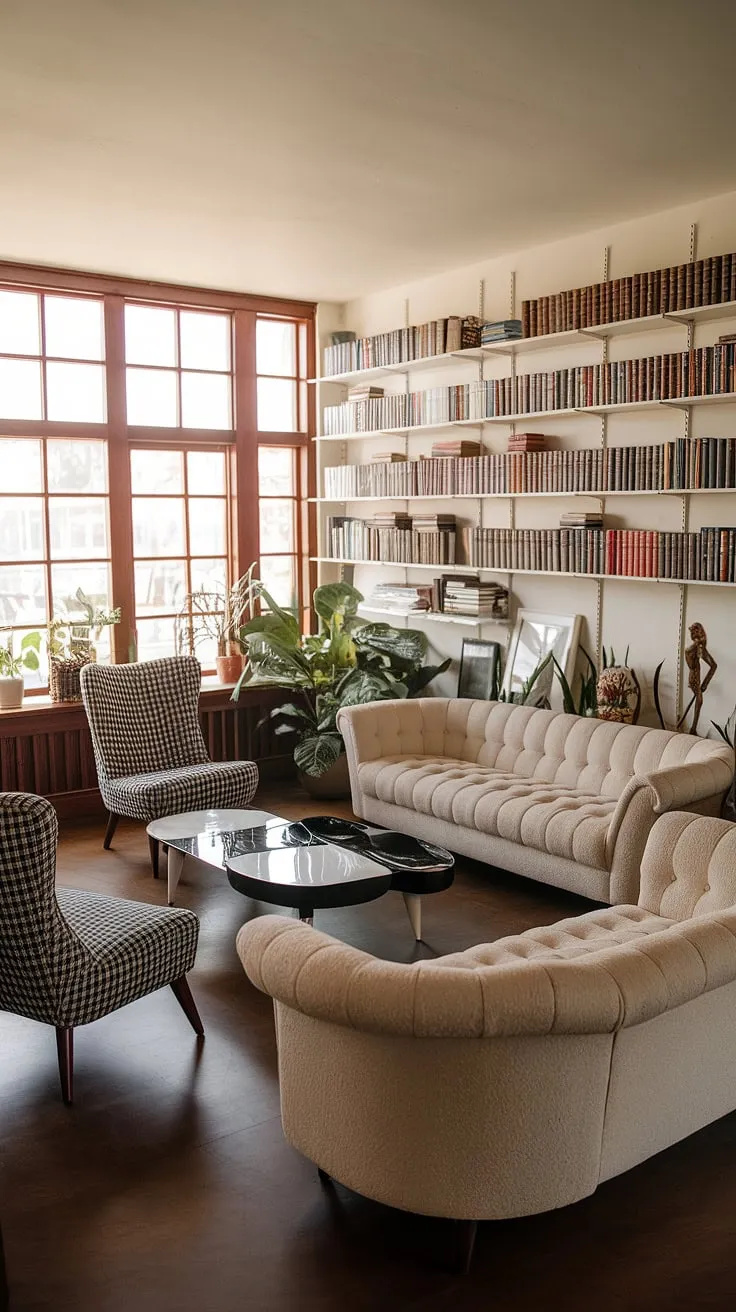 This retro living room is a study in understated elegance. The plush beige sofa invites relaxation, while the black and white checkered chairs add a touch of playful whimsy. The carefully curated bookshelves and potted plants add warmth and personality to this beautifully balanced space. A true mid-century modern masterpiece.
