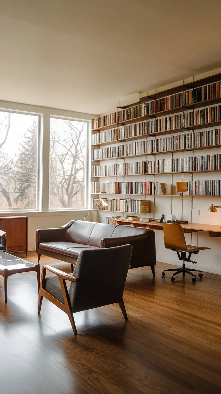 Sunlight streams through the large window, illuminating the mid-century modern living room and its unique, built-in library-a haven for book lovers. The clean lines and natural light create a serene atmosphere, perfect for quiet contemplation or lively conversation. A perfect blend of form and function.