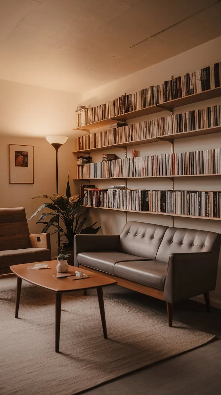 This mid-century modern living room is a testament to timeless elegance. The carefully chosen furniture, from the inviting sofa to the stylish armchair, creates a space that is both sophisticated and incredibly cozy. The abundance of books speaks to a love of learning, while the soft lighting and carefully placed plant add a touch of warmth and life. A perfect example of how to create a home that reflects your personality.
