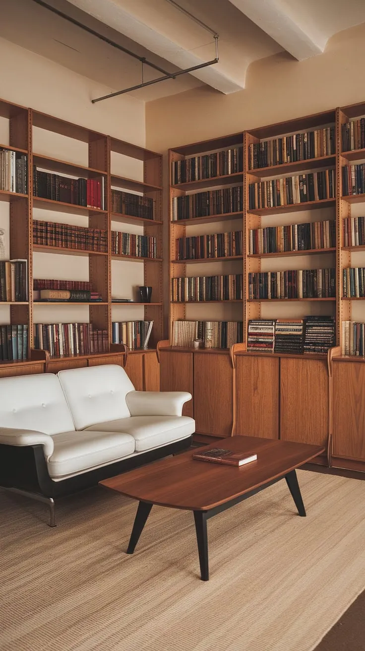 Step into a world of timeless elegance. This mid-century modern living room, complete with a built-in library, offers a sanctuary of calm and sophistication. A testament to classic design, the space seamlessly integrates comfort and functionality, creating a truly inspiring home environment. A dream come true for any design aficionado.