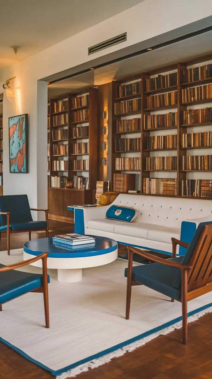 Warm lighting and a thoughtfully designed space invite relaxation and contemplation. This mid-century modern living room, complete with a home library a, offers a sanctuary for quiet evenings and cherished moments.