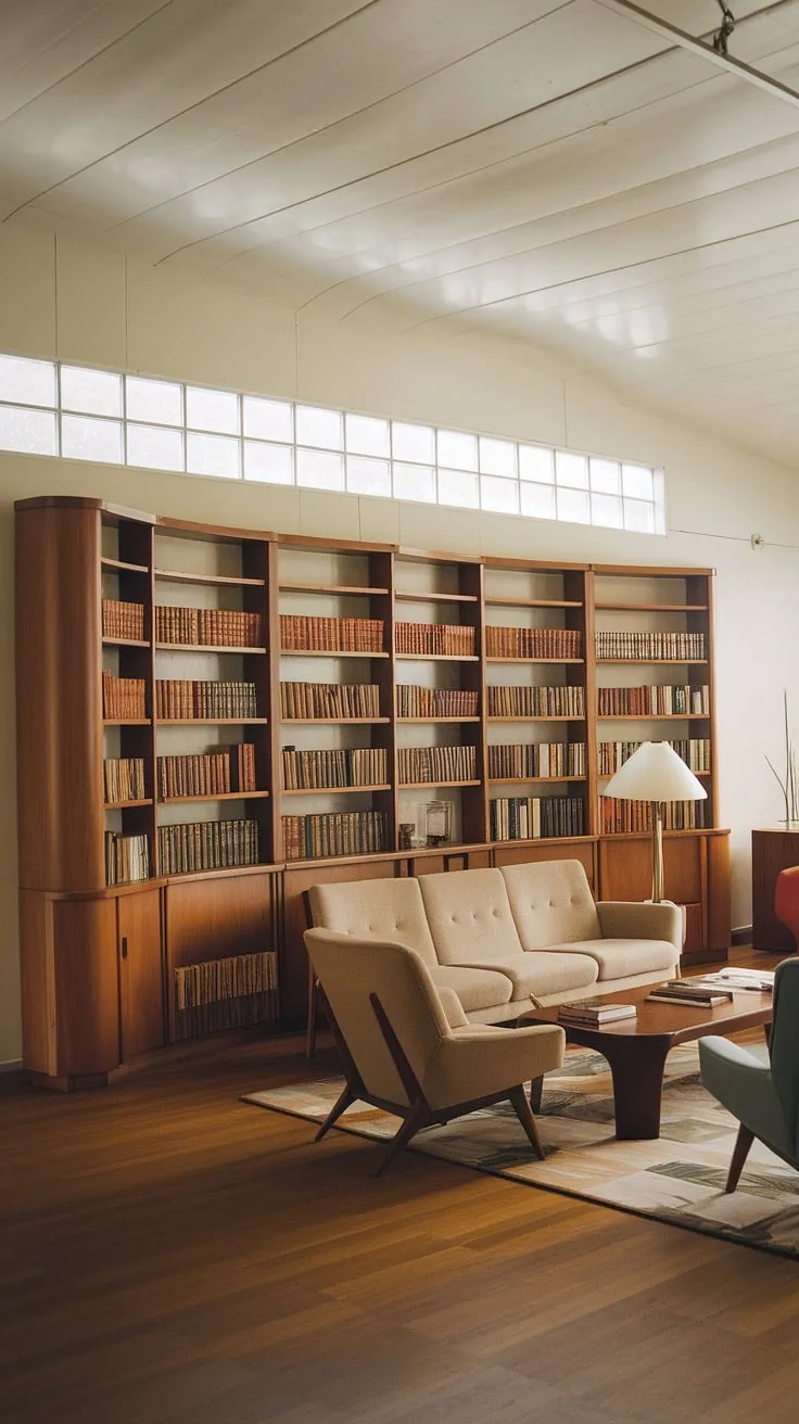 Mid-century modern living at its finest. The curved bookshelf, a testament to the era's unique design, perfectly complements the warm beige sofa and the soft glow of the lamp, creating a space that's both stylish and inviting. A haven of calm and curated collections.