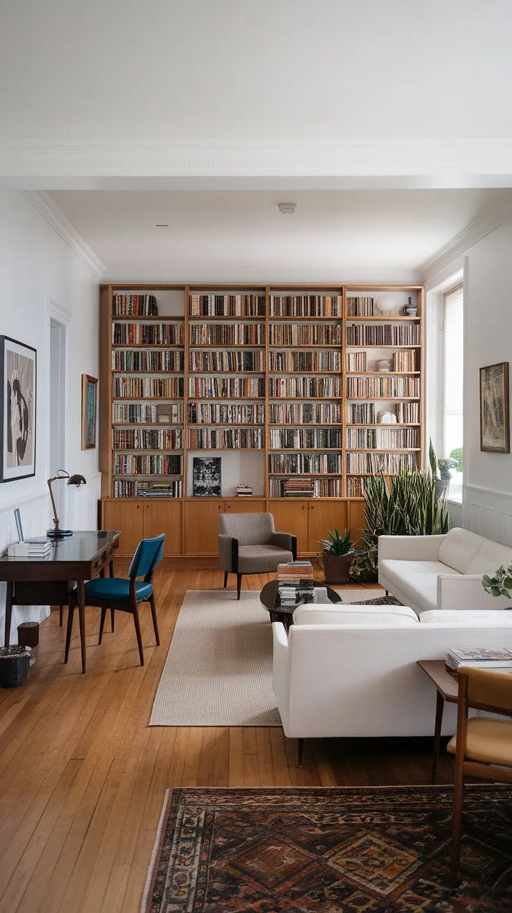 A haven of calm and sophistication. This mid-century modern living room seamlessly blends comfort and functionality, with a dedicated library area offering a quiet retreat for reading and reflection. The white walls and natural light enhance the feeling of spaciousness, creating an atmosphere ideal for a relaxation and productivity.