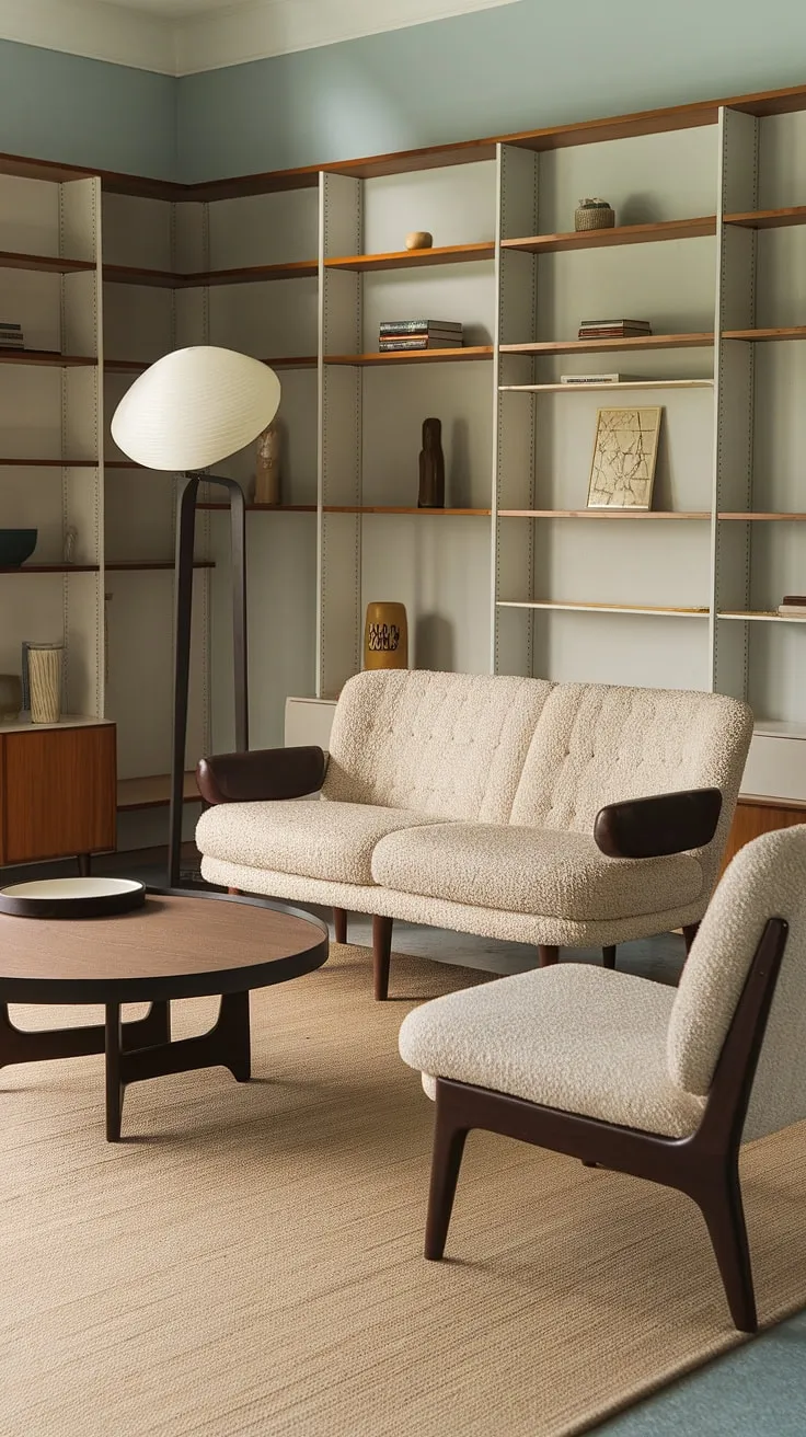 Step into a sanctuary of mid-century modern design. The soft blue walls, plush beige sofa, and warm wood tones create a calming atmosphere, perfectly complemented by the built-in library, offering endless possibilities for quiet contemplation and intellectual pursuits. A perfect blend of form and function, this space embodies timeless elegance.