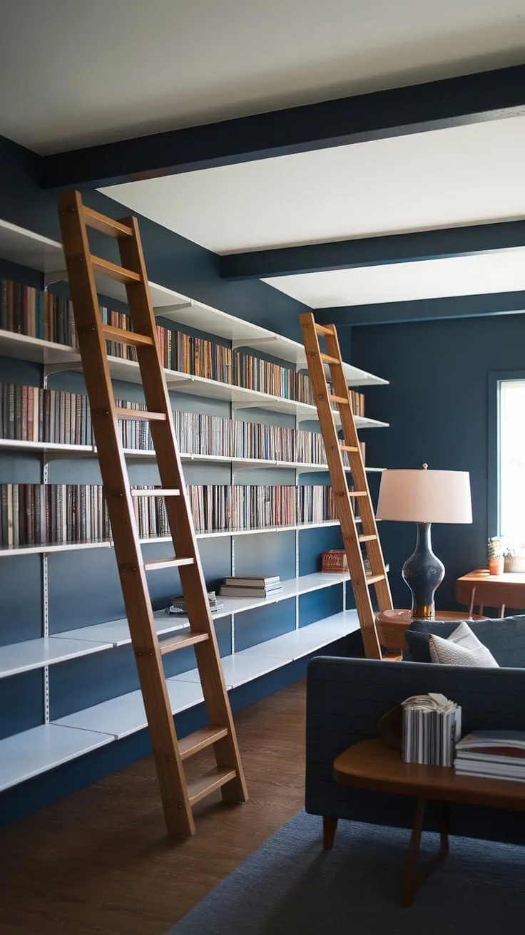 Lost in the pages of a mid-century dream. The deep blue walls, white shelves brimming with stories, and the comforting glow of the lamp create a sanctuary for the soul. This home library is a testament to thoughtful design and the enduring appeal of classic style. A perfect blend of form and function, it's a space where imagination takes flight. A quiet escape, a haven for book lovers, a mid-century masterpiece.