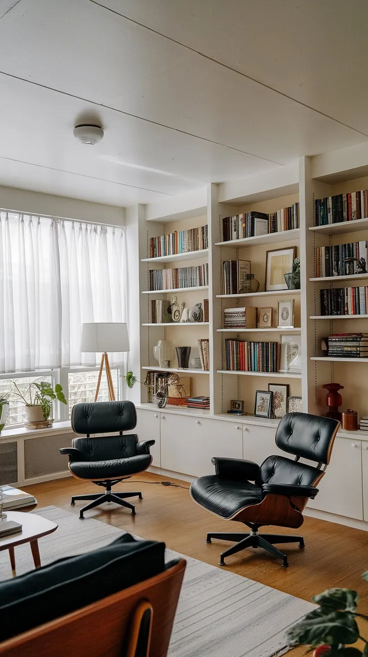 This mid-century modern living room is a testament to thoughtful design. The carefully curated collection of books and decorative items within the built-in library speaks volumes about the homeowner's refined taste. The iconic Eames chairs offer comfortable seating, perfect for losing yourself in a good book or simply enjoying the serene atmosphere. A true haven of tranquility and inspiration.
