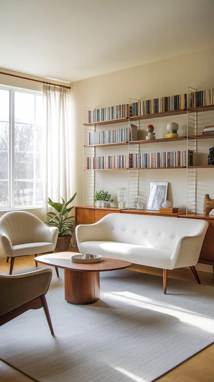 Bathed in natural light, this mid-century modern living room is a study in understated elegance. The neutral palette, punctuated by the rich wood of the furniture and the subtle texture of the rug, creates a calm and sophisticated a atmosphere. Every detail, from the carefully chosen books to the small potted plant, contributes to the overall sense of tranquility.