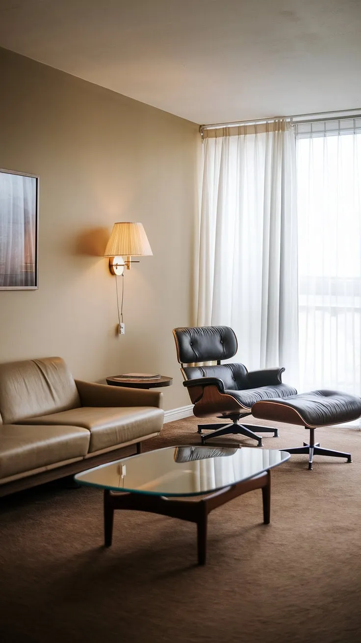 Sunlight streams through the sheer curtains, illuminating the iconic Eames lounge chair and ottoman, a perfect centerpiece in this mid-century modern living room. The warm beige walls and dark brown carpet create a cozy, retro atmosphere, perfectly complemented by the low-profile sofa and glass-topped coffee table. A sense of calm and understated elegance pervades the space.