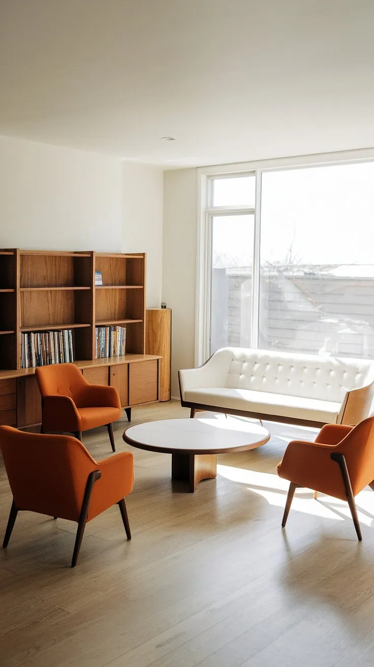 Sunlight streams through the large window, illuminating the mid-century modern elegance of this living room. The white sofa and orange accent chairs create a vibrant yet calming atmosphere, perfectly complemented by the built-in bookshelves brimming with stories waiting to be discovered. A haven of tranquility and sophisticated design.