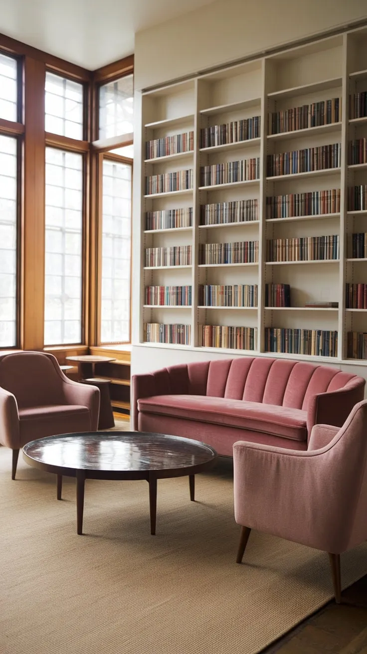 Step into a sanctuary of mid-century modern design. The plush pink sofa invites relaxation, while the built-in bookshelf, a testament to curated knowledge, adds a touch of sophisticated elegance. Natural light streams through the large windows, illuminating the warm tones and creating a space where comfort and style seamlessly blend. A perfect example of how thoughtful design can transform a living room into a haven.