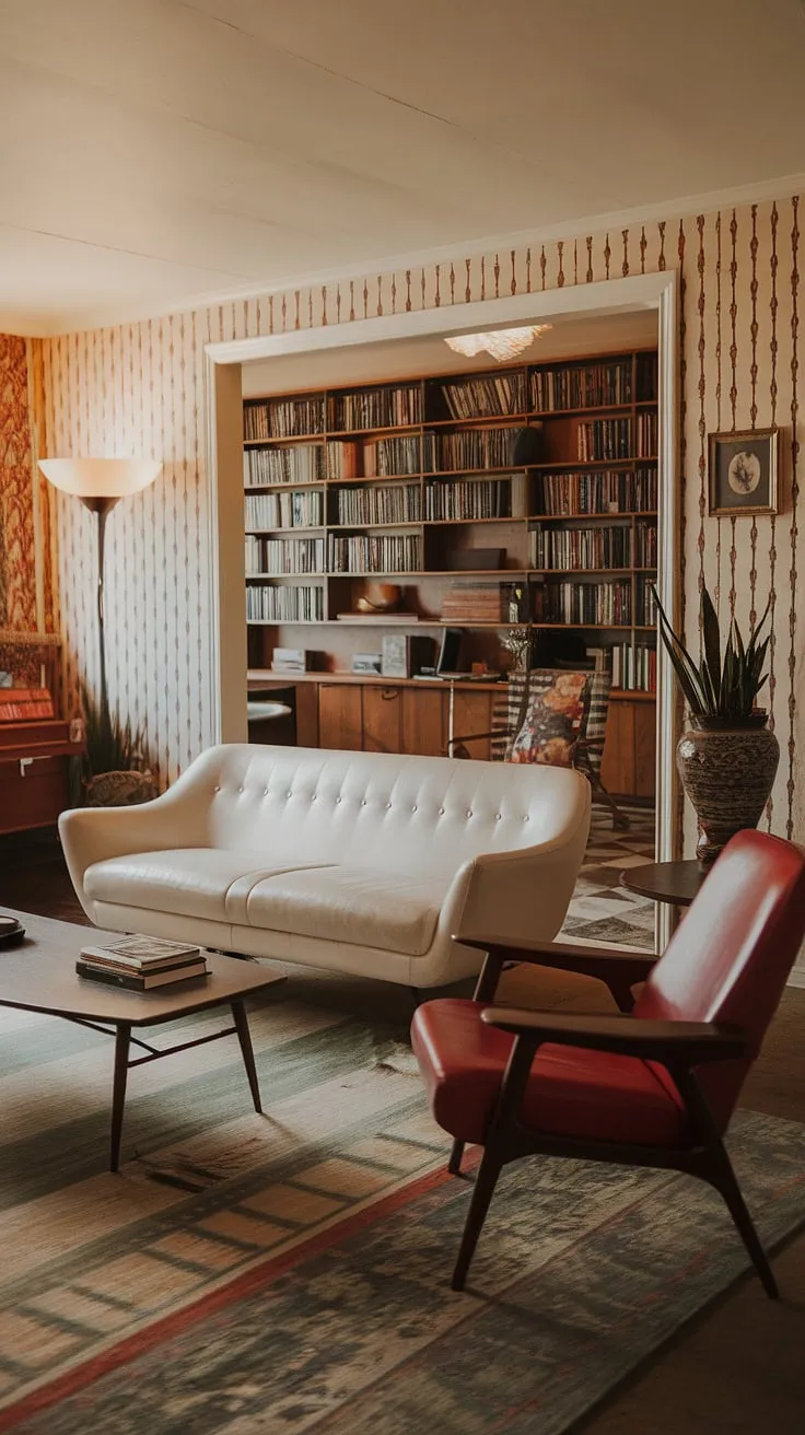 Step back in time to this mid-century modern dream. The vibrant red accent chair pops against the crisp white sofa, all nestled amongst a curated collection of books and the warm glow of a vintage floor lamp. A testament to timeless design and the enduring appeal of retro home inspiration.