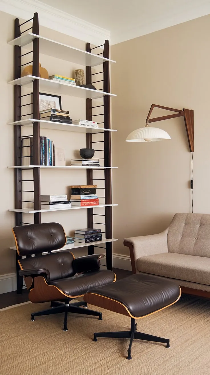 A curated collection of books and design classics define this mid-century modern haven. The Eames lounge chair and ottoman offer a comfortable respite, while the warm lighting and thoughtful details create a space that's both sophisticated and inviting. A true testament to timeless style.