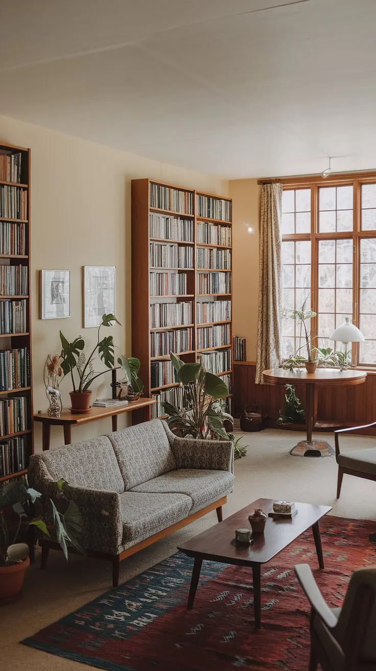 The perfect blend of comfort and sophistication, this mid-century modern living room and library offers a sanctuary for the mind and soul. From the plush sofa to the meticulously organized bookshelves, every detail speaks to a life well-lived. The abundance of natural light and carefully chosen plants creates a serene atmosphere, perfect for reading, relaxing, or simply enjoying the beauty of the space.