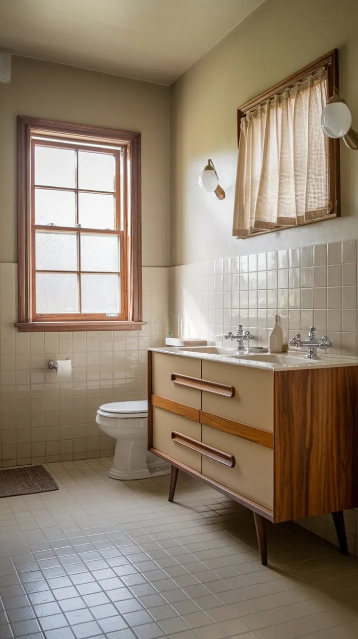 This mid-century modern bathroom, awash in soft light and warm beige tones, offers a serene sanctuary of timeless elegance and vintage charm.