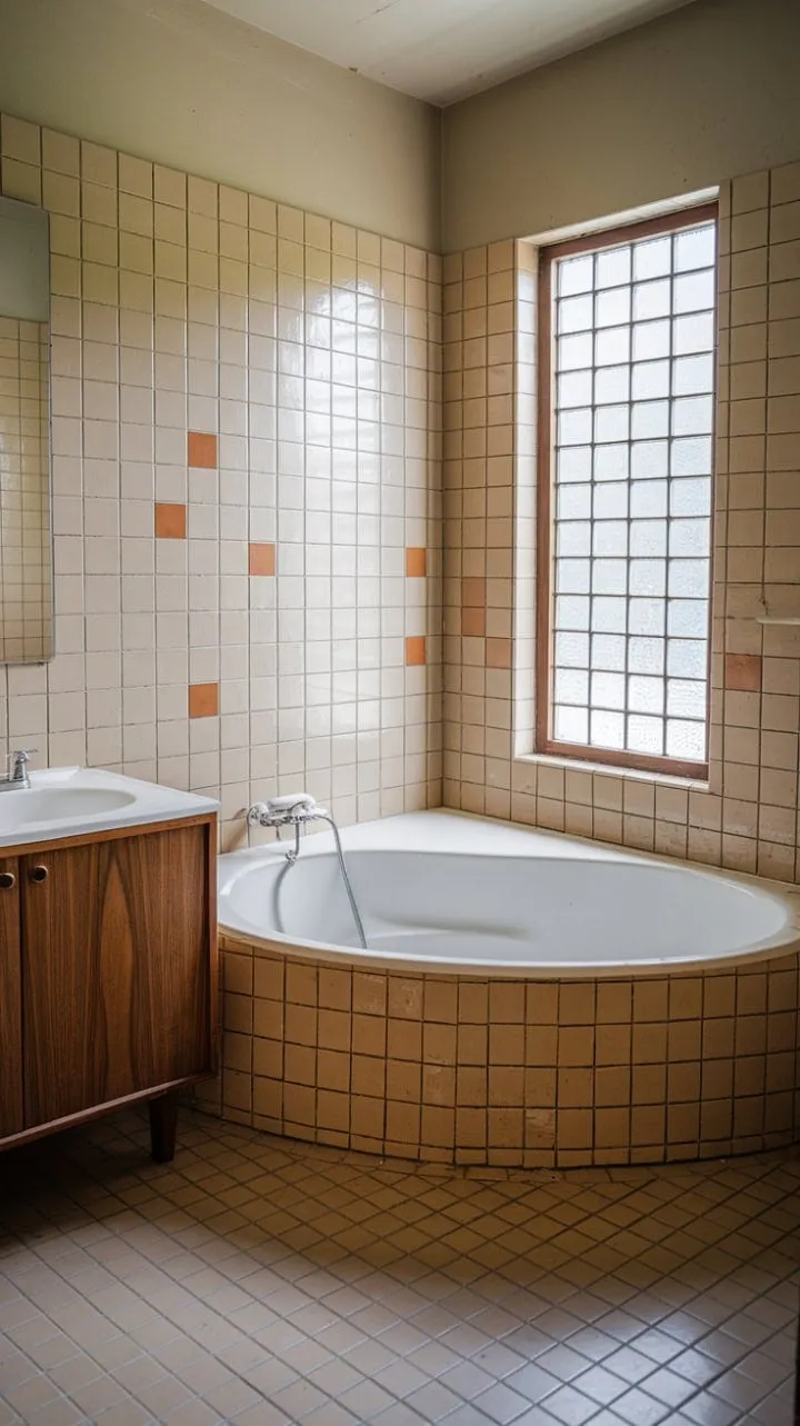 This vintage bathroom harmoniously combines creamy whites, warm woods, and vibrant tiles to create a sophisticated sanctuary that delights the senses.