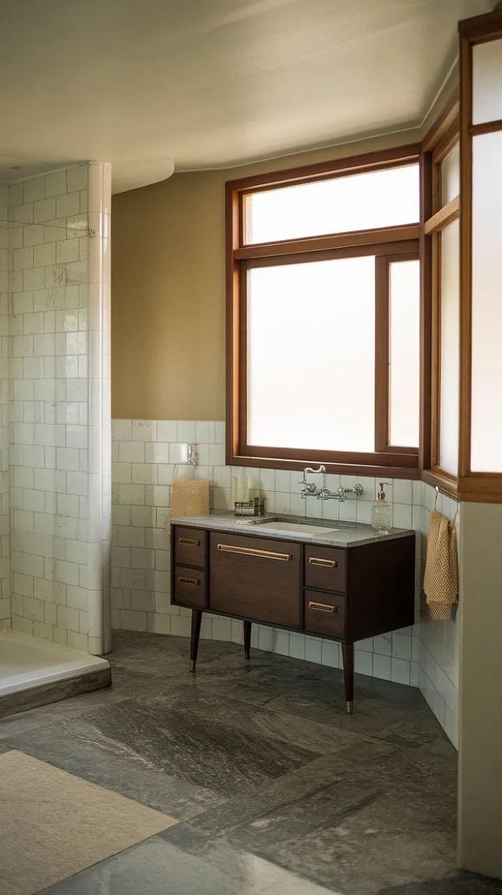 This mid-century bathroom exudes understated sophistication with its rich dark wood vanity, cool gray marble floor, and creamy beige walls, creating a serene retreat for relaxation.