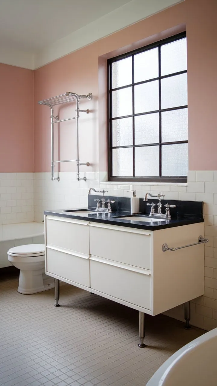 This serene mid-century modern bathroom, with soft pink walls and a sleek white vanity, harmoniously combines elegance and functionality through its classic chrome accents and gridded window.