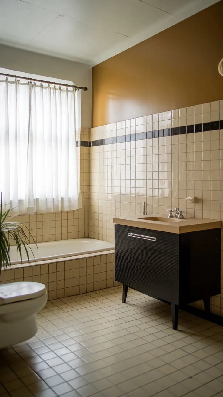 A black vanity, white tub, and beige tile create a stylish mid-century modern bathroom with a calming vintage atmosphere.