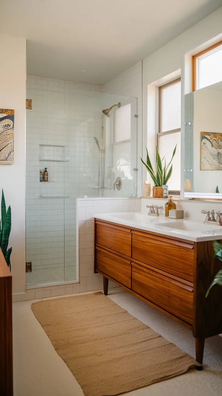 Clean lines and a wood vanity define this mid-century modern bathroom oasis