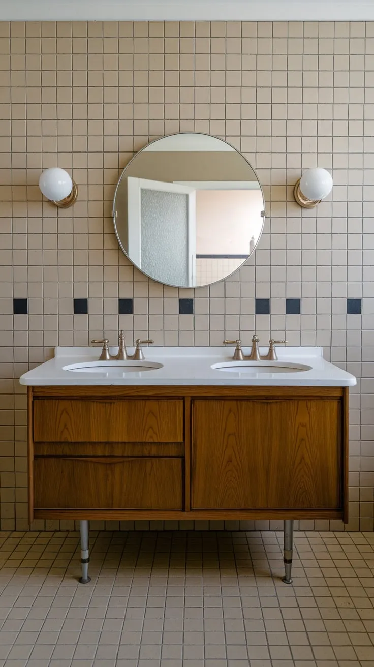 Sleek white vanity, geometric tiles, and retro sconces define this mid-century modern bathroom