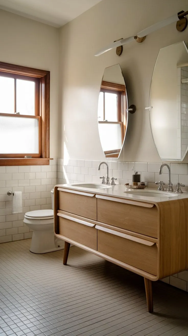 A mid-century modern bathroom's light wood vanity and beige tile floor create a soothing, vintage atmosphere.